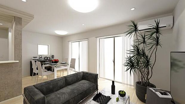 1号棟完成予想図です。 モデル家具があっても開放感のある、広々としたリビングです。