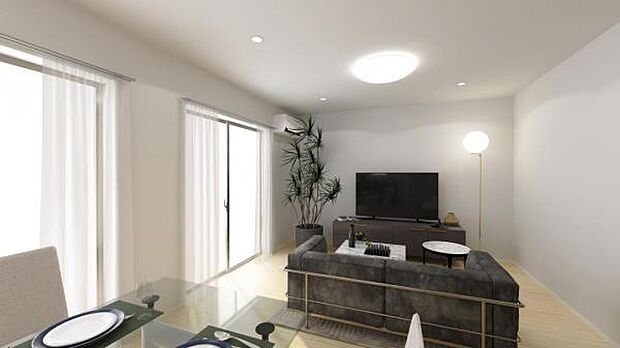 1号棟完成予想図です。 キッチンからはリビングが一望でき、家族の団欒も楽しめます。