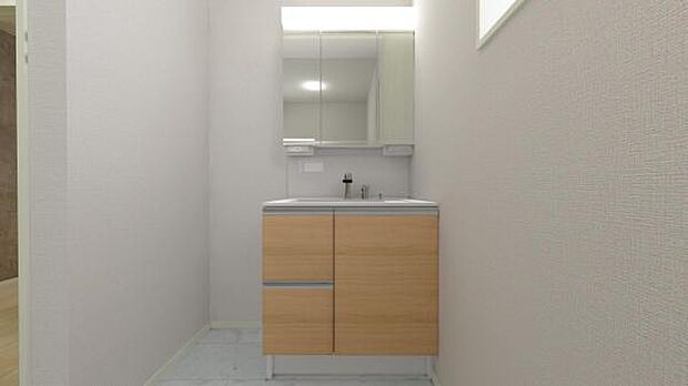 1号棟完成予想図です。 人気の三面鏡タイプの洗面台です。鏡の裏にも棚があり収納豊富です。