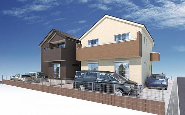 建物完成予想図です。タイプの違う外観の全2棟です。