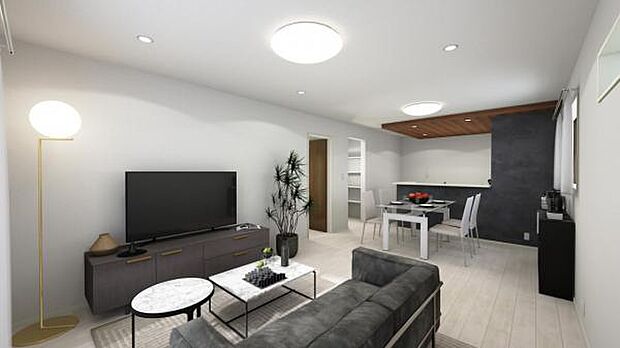 1号棟完成予想図です。 広々としたリビングはソファやテーブルも難なく置ける広さです。