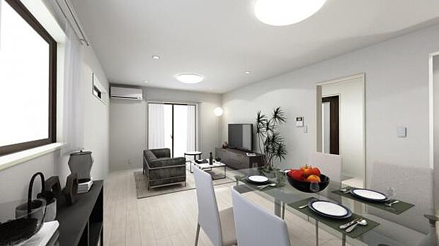 1号棟完成予想図です。 モデル家具でおおよその広さがわかり、とても開放的です。