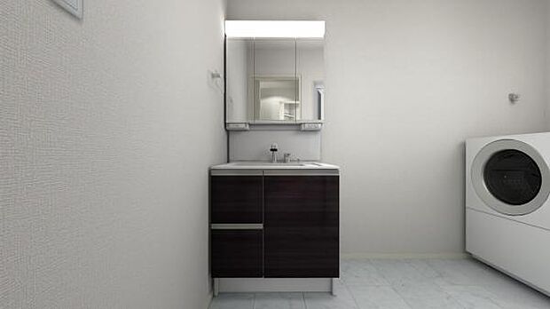 1号棟完成予想図です。 人気の三面鏡タイプの洗面台です。シャワーノズル搭載です。