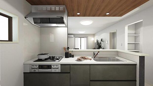 1号棟完成予想図です。 料理や洗い物をしながらでも家族と対面できるキッチンです。