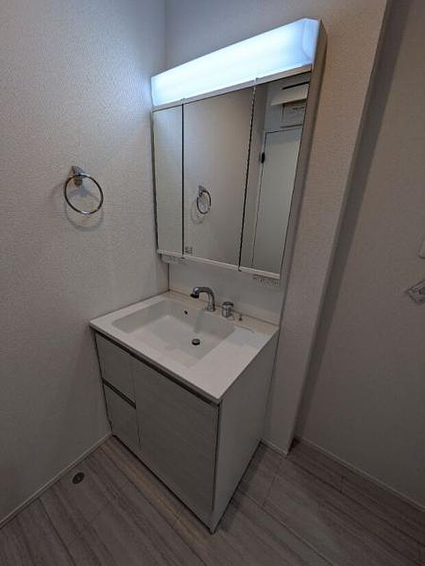 三面鏡タイプの洗面台です。伸縮式シャワーノズルも搭載です。