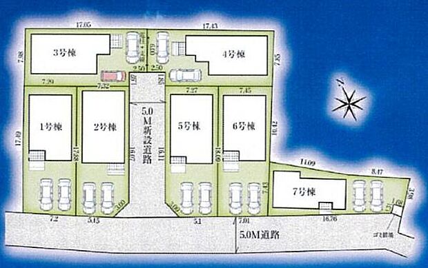 区画のそろった分譲地、全7棟。全棟駐車スペース2台可能です。
