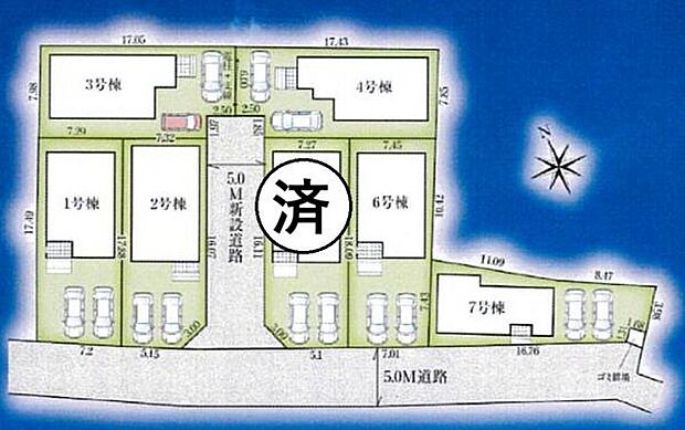区画のそろった分譲地、全7棟。全棟駐車スペース2台可能です。