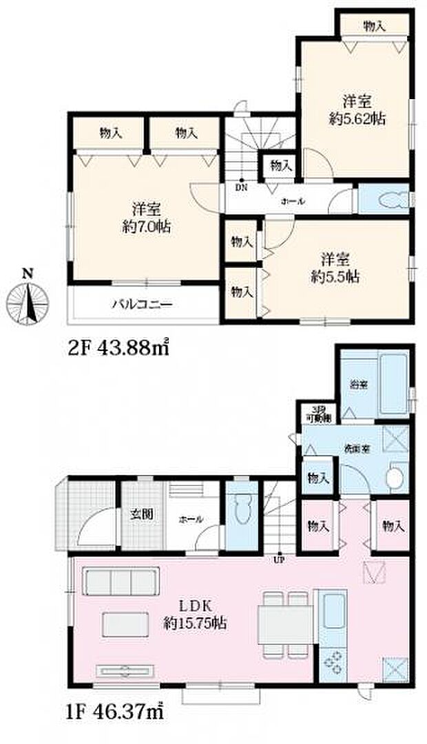 A号棟 主寝室広々7.0帖。洗面室やキッチン横など収納豊富な間取り。