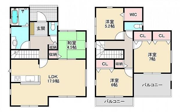2号棟 1階に和室の付いた4LDKの間取り。玄関ホールも広々。