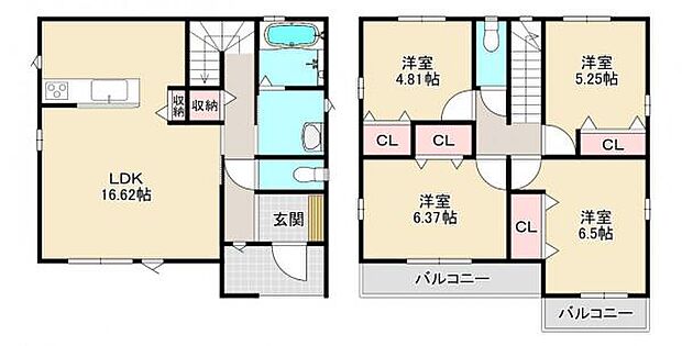 2階に4部屋付いた4LDKの間取り。主寝室は6.5帖と広々