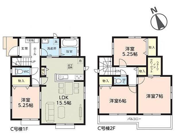 C号棟 水回りの集中した家事のしやすい間取りです。脱衣所は回遊可能。