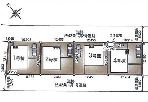 全棟が1列に並んだ全4棟。南側も道路の為開放的＆陽当たりの良さも十分期待できます。