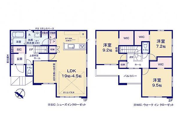 2階洋室は全室7帖以上と広々。2階全室WICなので収納も豊富。