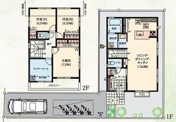 2号棟 水回りの集中した家事のしやすい間取り。脱衣所と洗面所は扉により分けることができます。