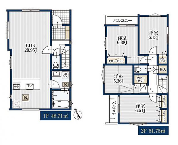 リビング広々20.95帖。二回には小屋根裏収納も付いていて収納豊富。