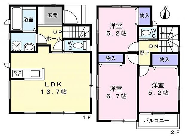 使い勝手の良い3LDKの間取り。玄関ホールは広々としています。