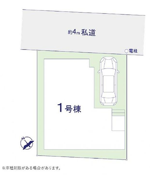 前面道路は約4m。カースペースは車種により1台停められます。