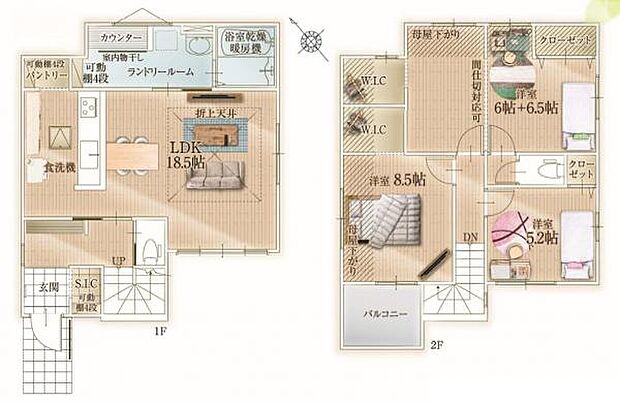 2号棟 広々ランドリールーム、洋室間仕切り可、WIC2つ搭載など特徴が詰まった間取り