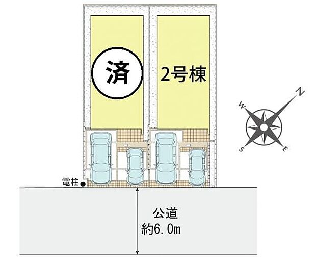 前面道路は6.0ｍ。カースペースは車種により2台駐車可能。