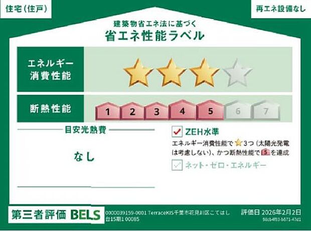 エネルギー消費性能3、断熱性能5取得。