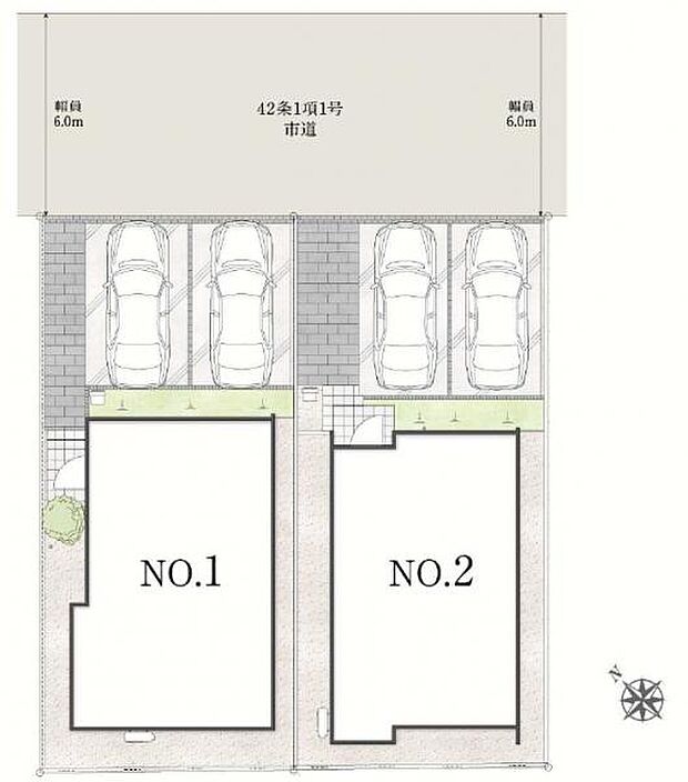 前面道路は6.0m。カースペースは2台分。並列駐車可能です。