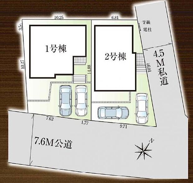 角地を含む全2棟。駐車スペースは車種により2台停められます。