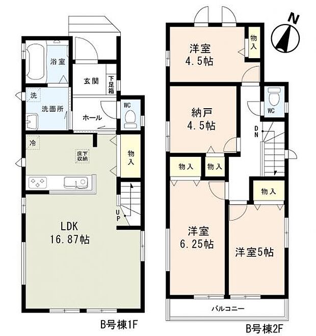 B号棟 リビングは16.87帖と広々。2階に4部屋付いた間取り。