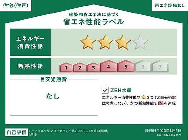 エネルギー消費性能3、断熱性能5取得。