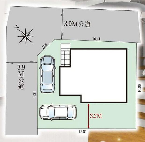 角地にて、開放的な立地です。駐車スペースは2台+庭のスペースでゆとりがあります。