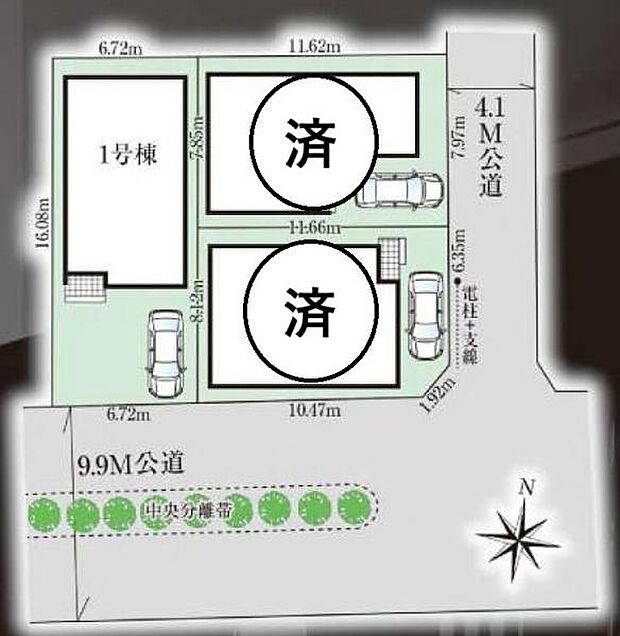 前面道路は9.9mと4.1m。最終1棟です。