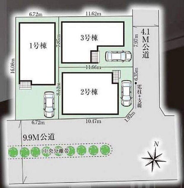 前面道路は9.9ｍと4.1ｍ。角地を含む全3棟です。