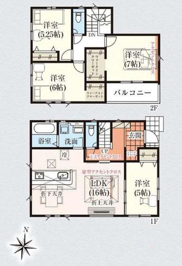 2号棟 1階に洋室の付いた4LDKの間取り。2階にはWIC2つと収納豊富。