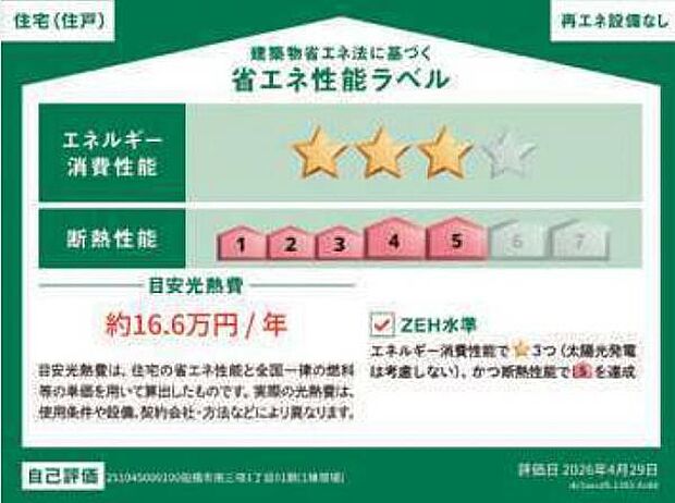 省エネラベル。 エネルギー消費3を達成、断熱性能5を達成。