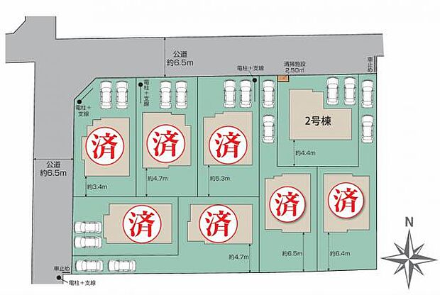 前面道路は6.5ｍ。カースペースは2台分並列駐車可能。