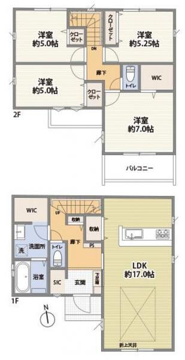 2号棟 2階に4部屋付いた4LDKの間取り。脱衣所にもWICが付いています。