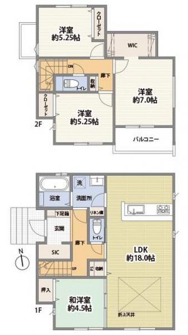 1号棟 1階に和洋室の付いた間取り。洗面所はリビングと回遊可能。