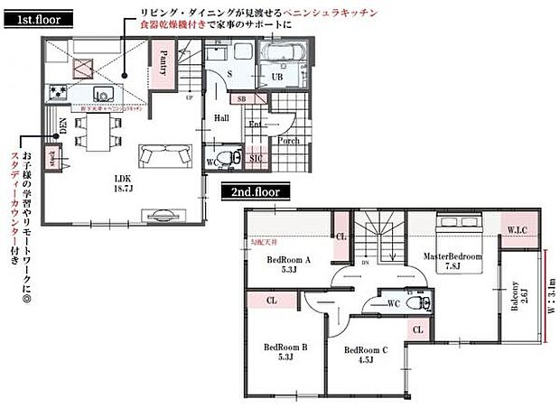 あらゆる場所に収納スペースを設けた、ゆとりのある間取りです。備え付けんおカウンタースペースが嬉しいですね。