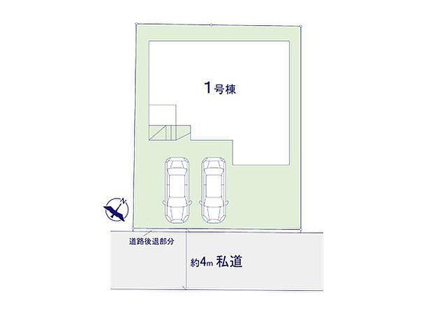 前面道路は4.0m。敷地面積は約43坪。カースペースは2台分です。