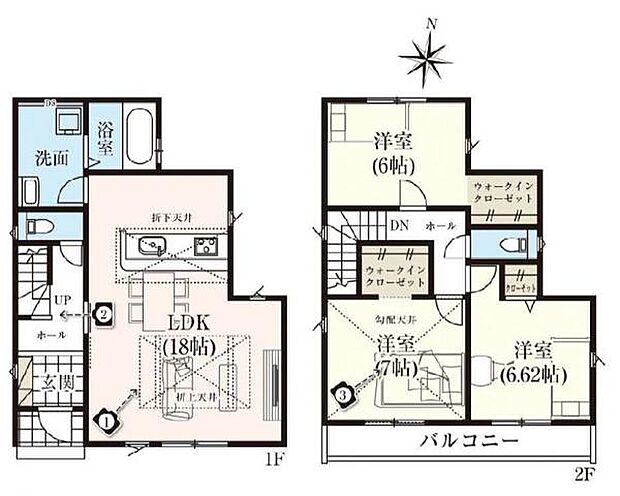 LDKは折上天井や折下天井でおしゃれな空間。2階にWICが2つついたゆとりの4LDKです。