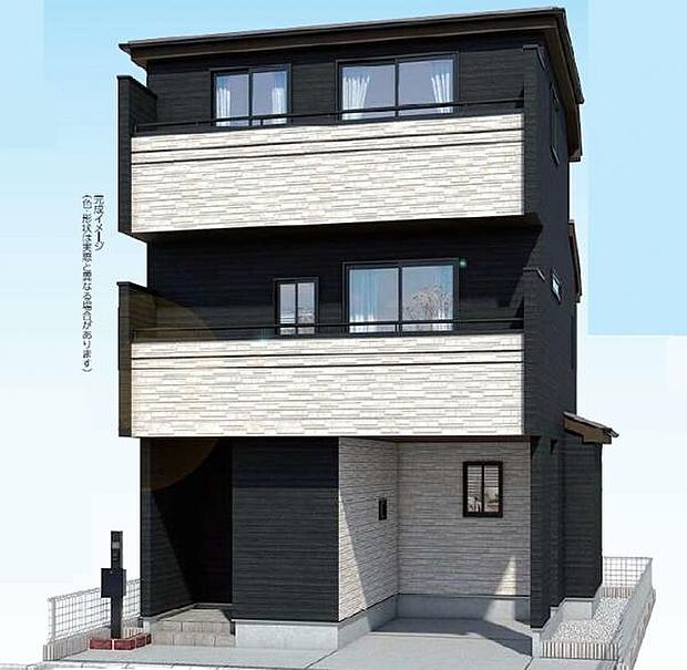 ベージュレンガ調とブラックが印象的な3階建て、都市型邸宅。