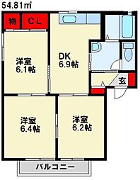 ヴィラサンロイヤルC 3DKの間取図画像