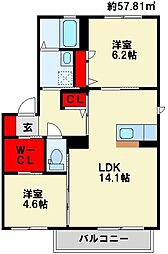 コスモスコーポラスD 2LDKの間取図画像
