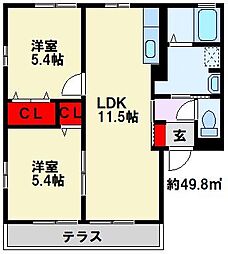 ヴィラージュA棟 2LDKの間取図画像