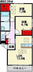 ルネス本城学研台3 2LDKの間取図画像