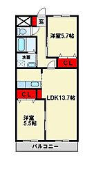 プレザントリィ 2LDKの間取図画像