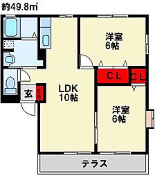 ヴィラージュF棟 2LDKの間取図画像