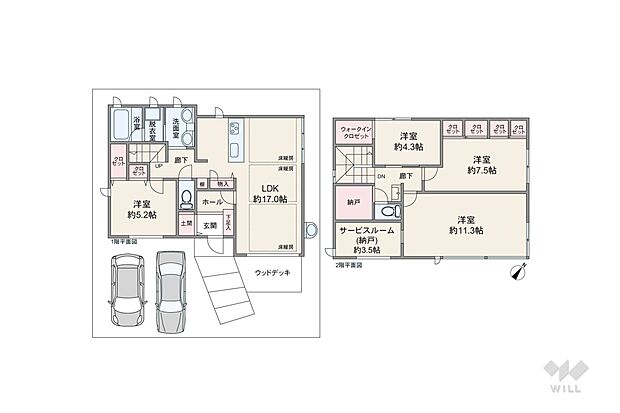間取りは延床面積147.88平米の4SLDK。リビングを通って各部屋にアクセスする、家族同士でコミュニケーションがとりやすいプラン。個室は全部屋洋室仕様、各所に収納スペースが充実しています。