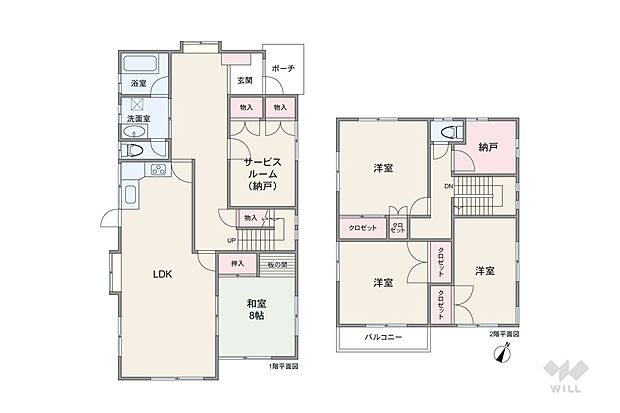 間取りは延床面積143.61平米の4SLDK。LDKと和室が続き間になったプラン。2階の洋室3部屋はどの部屋も直接隣接しておらず、個室のプライバシーを確保しやすい造りです。