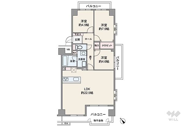 間取りは専有面積85.80平米の3LDK。バルコニー面積は21.37平米です。