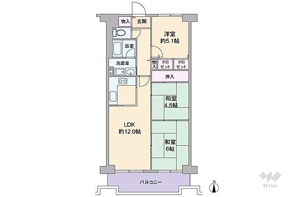 間取りは専有面積61.60平米の3LDK。LDK約12.0帖と和室二間が続き間になったプラン。和室はそれぞれ個室にしたり、引き戸を開放して空間をつなげて使用できます。